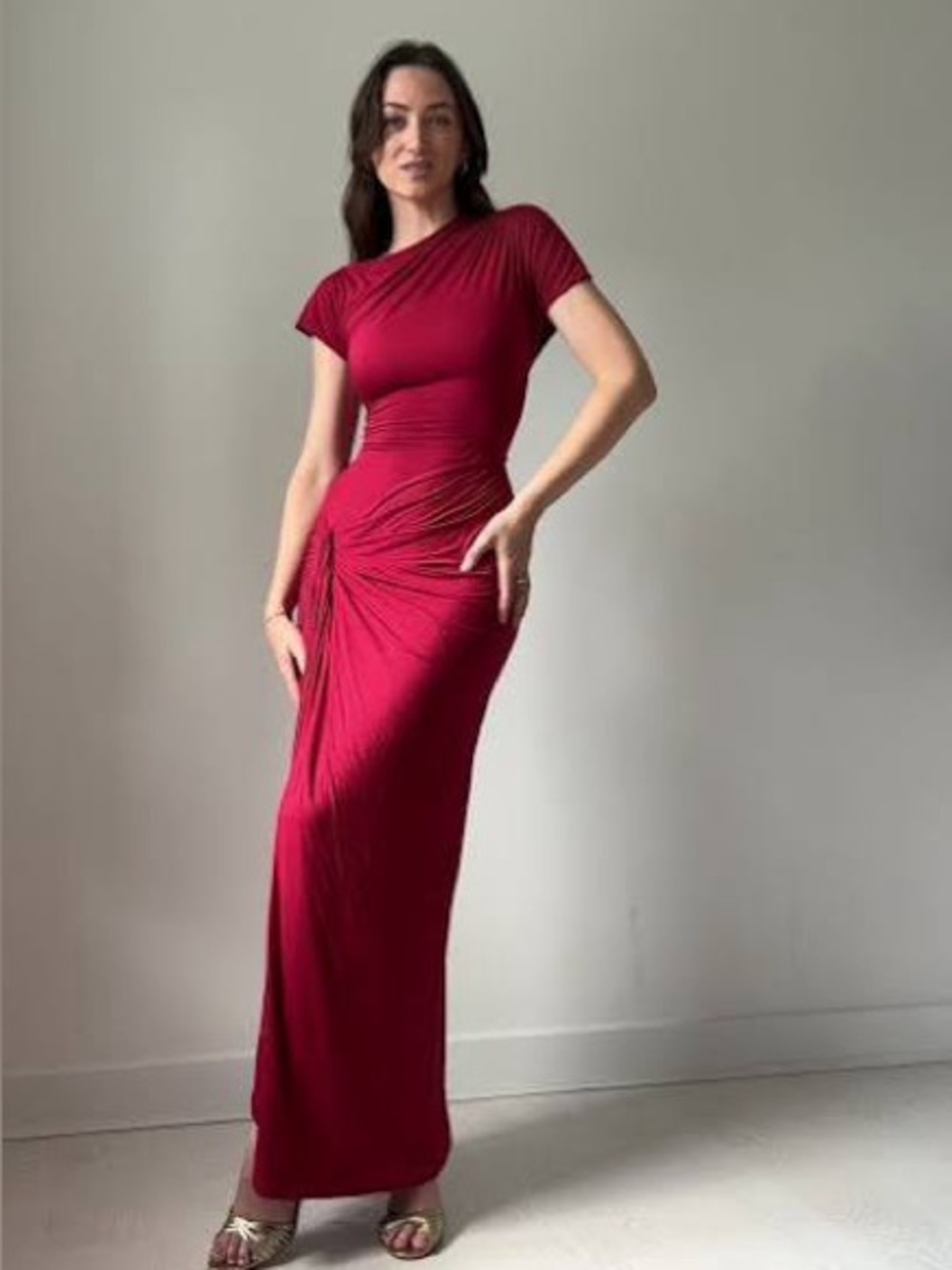 Ruched Berry Maxi Dress with Side Knot Detail